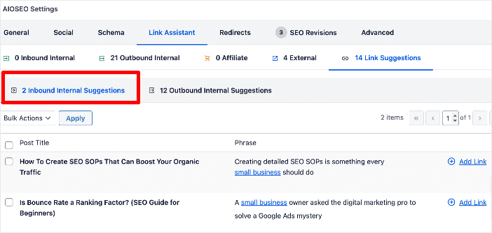 Inbound link suggestions for your cornerstone content from AIOSEO