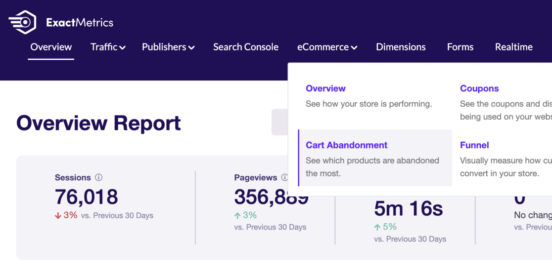 ecommerce cart abandonment reports EM top menu navigation