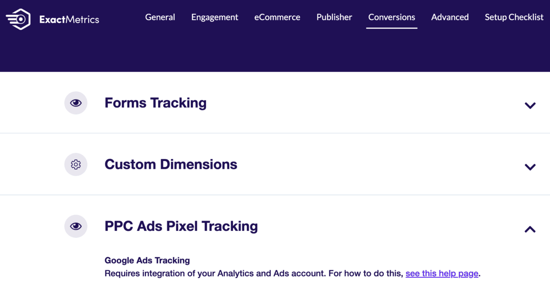 Conversions settings ExactMetrics