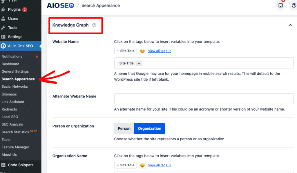 AIOSEO knowledge graph
