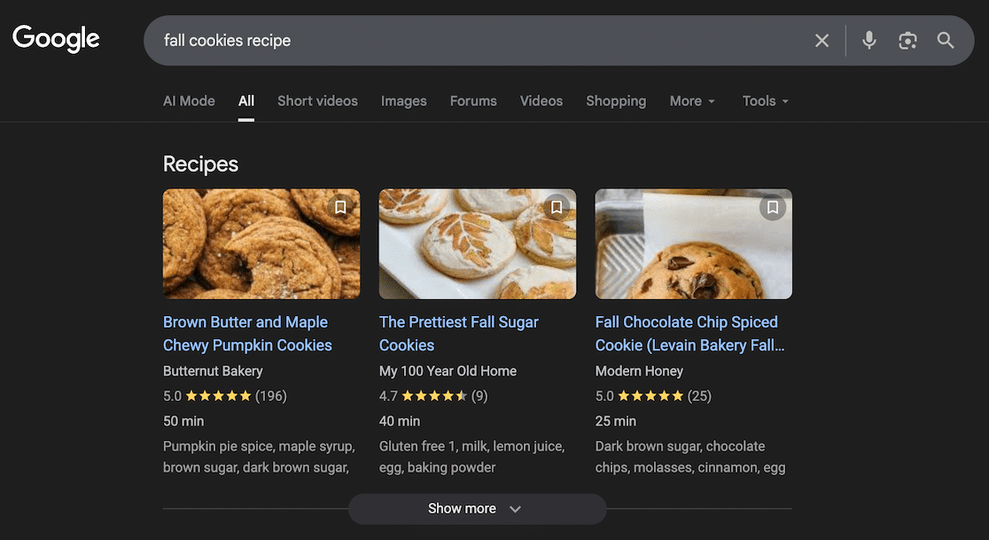 Example of recipe schema markup in Google search results