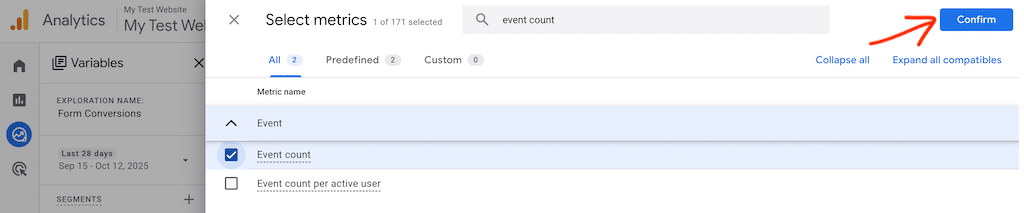 Confirm metrics selections in GA4