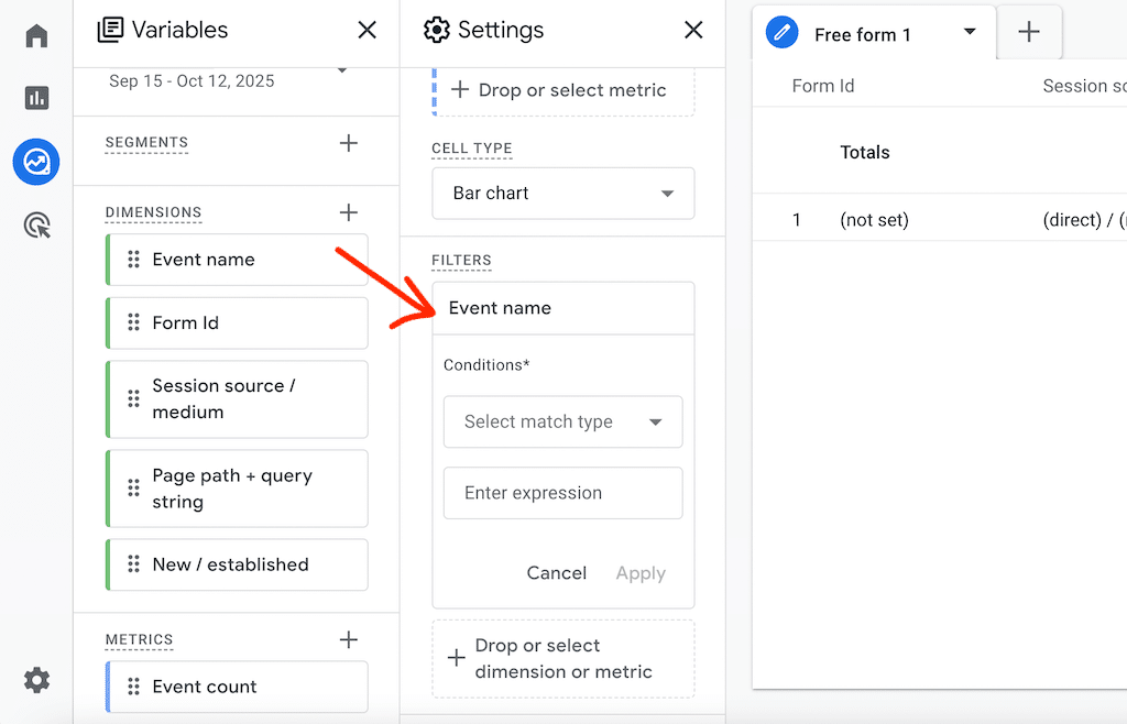 Drag Event Name Dimension to Filters in GA4