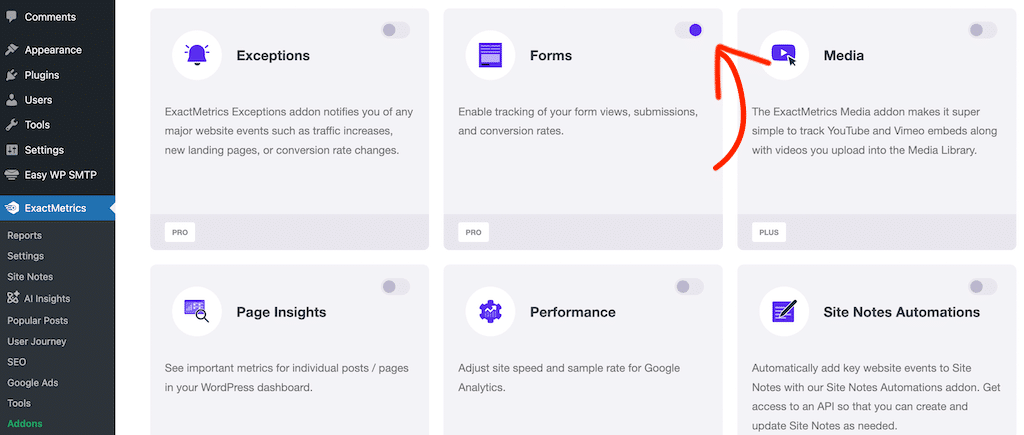 enable the forms addon in ExactMetrics