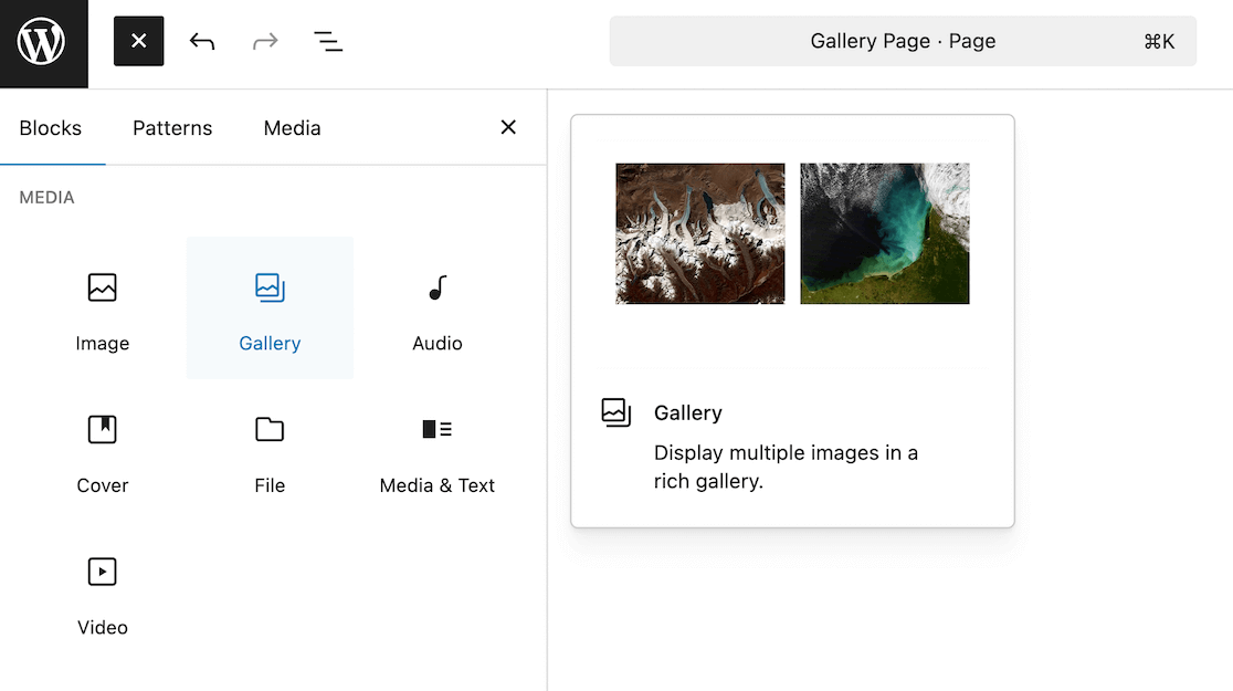 select the gallery block in WordPress block editor