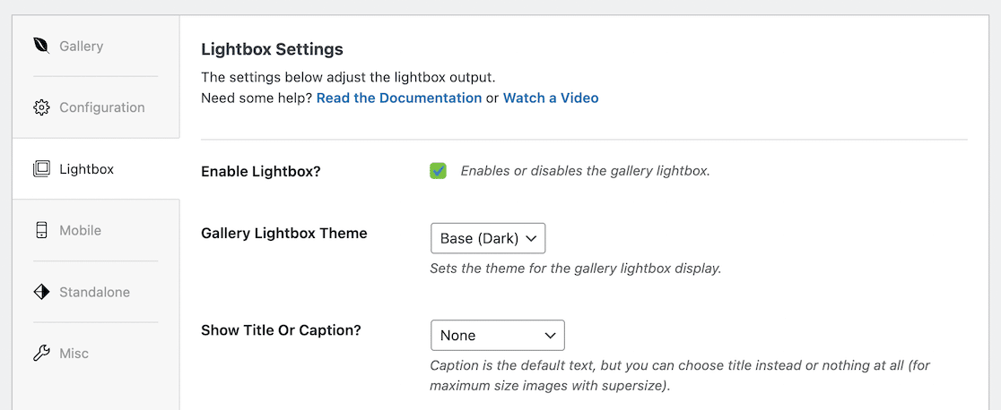 Envira Gallery Lightbox settings