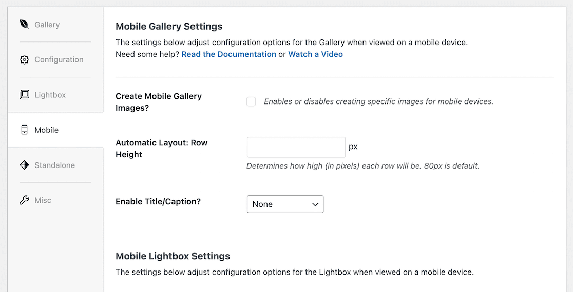 Envira Mobile Gallery settings