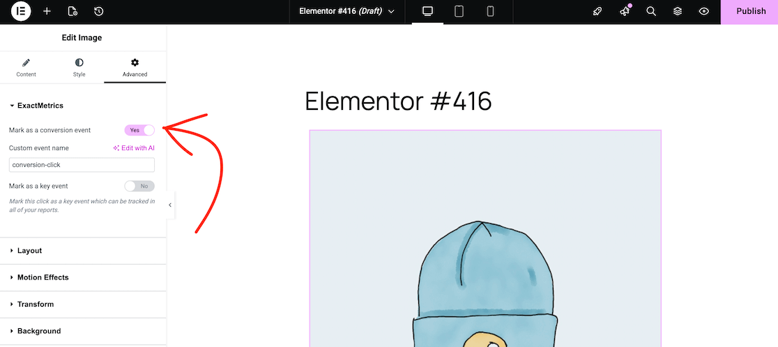 ExactMetrics block-based conversion tracking in the Elementor page builder