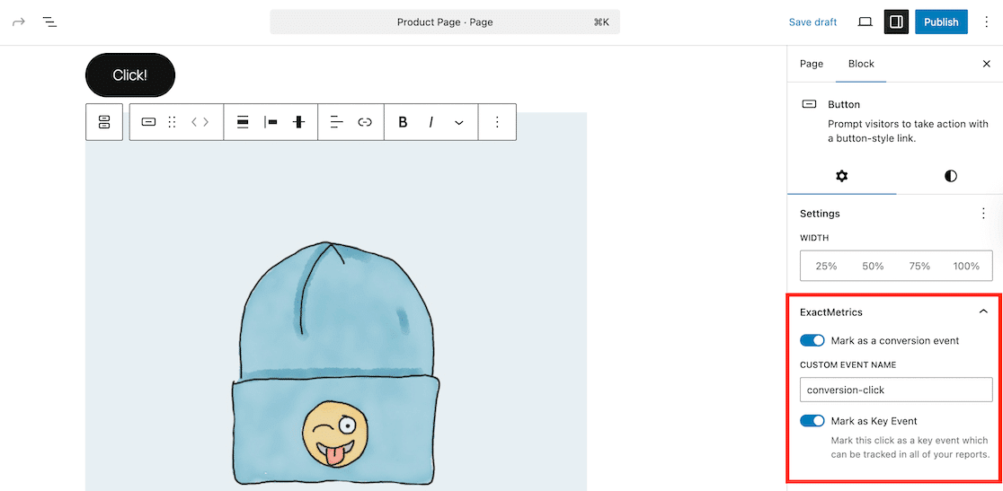 ExactMetrics block settings for conversion tracking