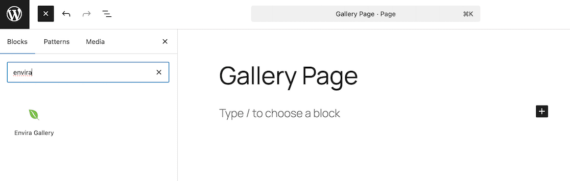 Find the Envira Gallery block in the editor