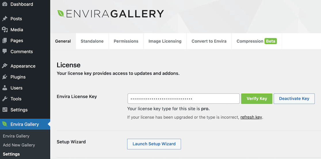 Verify Envira Gallery license key