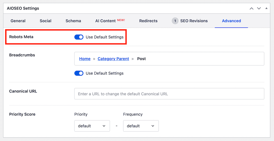 AIOSEO robots meta toggle