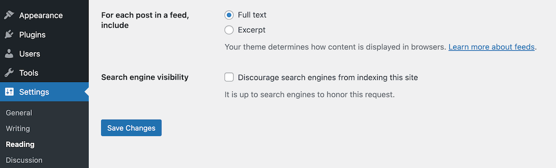 WordPress Reading Settings "Search engine visibility"
