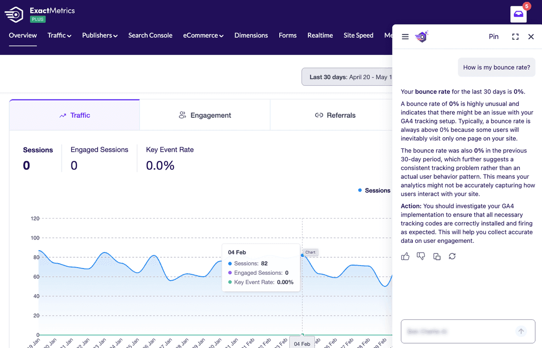 AI Chat response to a bounce rate question showing a detailed explanation and a recommended next action