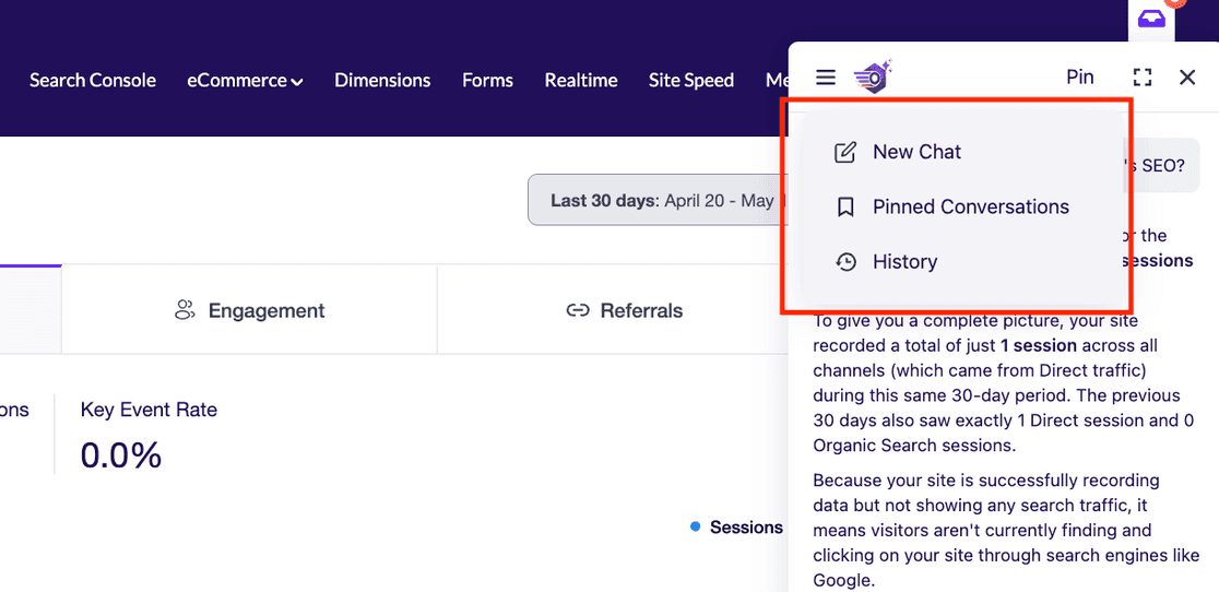 AI Chat menu expanded showing New Chat, Pinned Conversations, and History options