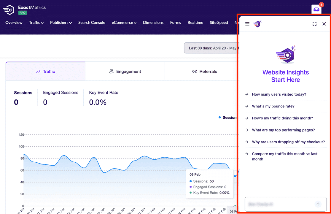 AI Chat panel open showing Website Insights Start Here with a list of suggested questions and a text input field at the bottom