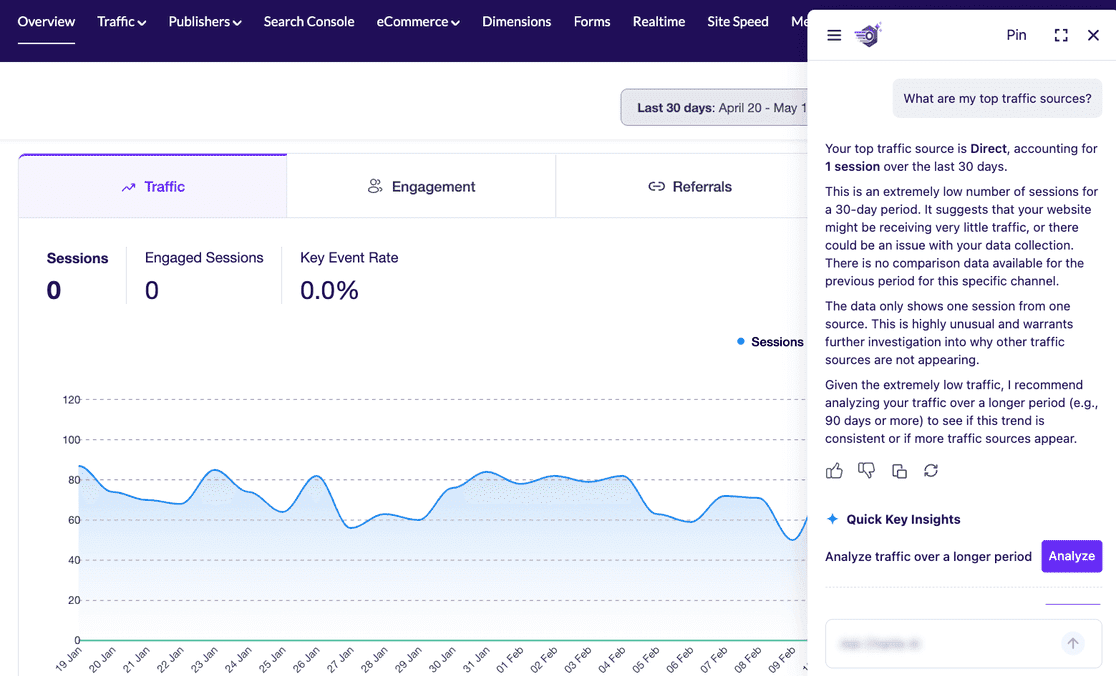 AI Chat response to a traffic sources question showing a source breakdown with context and a Quick Key Insights action button