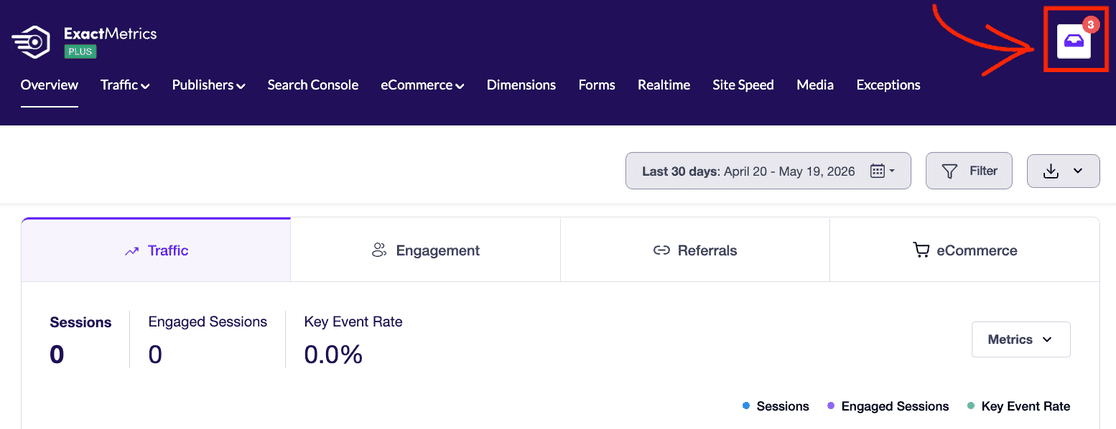 ExactMetrics dashboard header with a red arrow pointing to the notification center icon in the top right corner